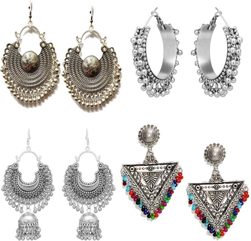 Latest Earrings Trendy Jhumki Bollywood Oxidised Stylish Afghani Tribal Earrings Fancy Party Wear Chandbali Combo of 4 Earrings German Silver, Alloy Drops & Danglers, Earring Set, Chandbali Earring, Jhumki Earring