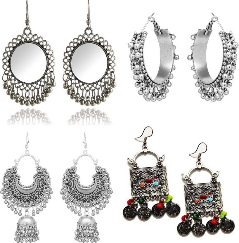 Silver Silver Jhumki Traditional Fashion Earrings New Arrival Bollywood Oxidised Stylish Afghani Fashion Earrings Combo of 4 Earrings German Silver, Alloy Earring Set