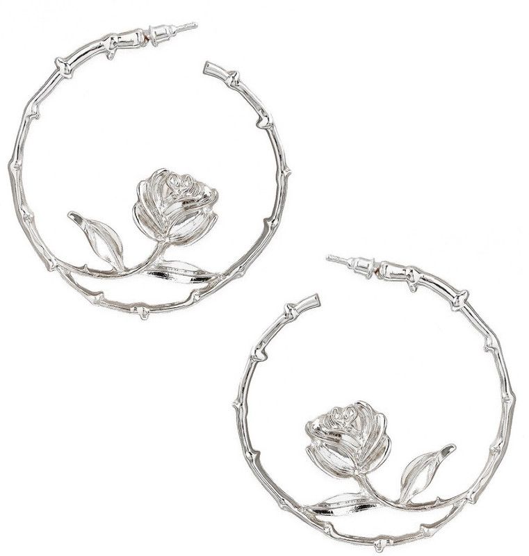 Silver Tone Rose Floral Party Fashion Beads, Crystal Metal Hoop Earring, Drops & Danglers