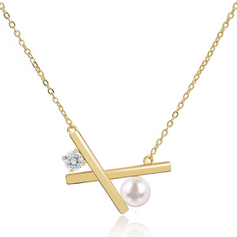 CROSS PEARL NECKLACE Cubic Zirconia Gold-plated Plated Brass Necklace