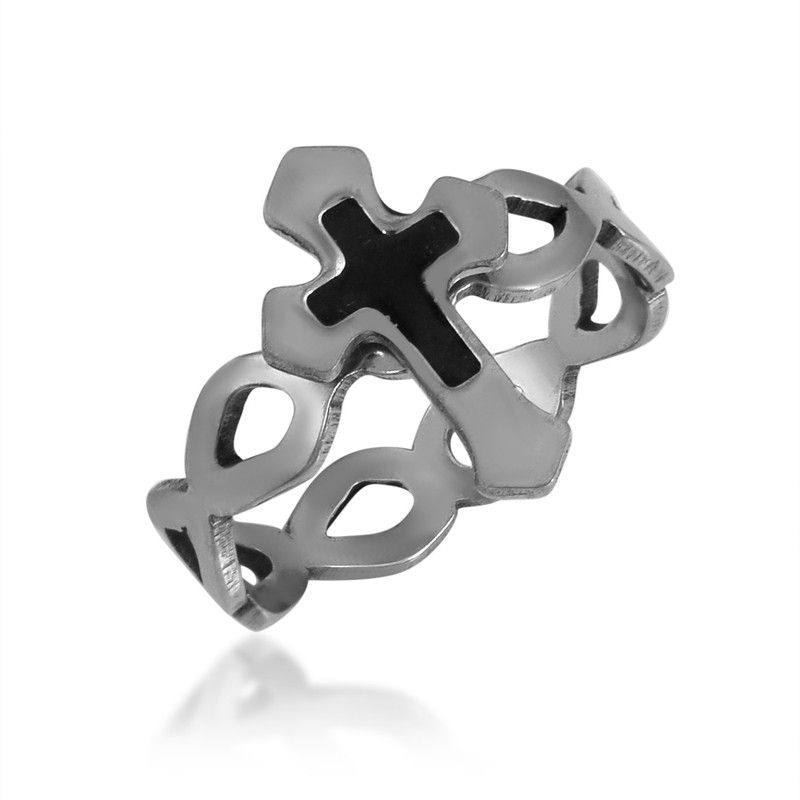 Stainless steel Silverplated Cross fingerring Christian Stainless Steel Silver Plated Ring