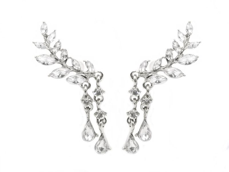 Women Silver Crystal Zircon Leaves Tassel Ear Stud Earrings Jewelry Crystal Alloy Cuff Earring