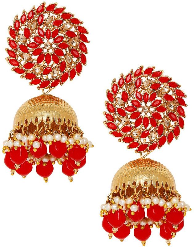 Red Stone & Kundan Jadau Floral Large Beads, Crystal Metal Jhumki Earring