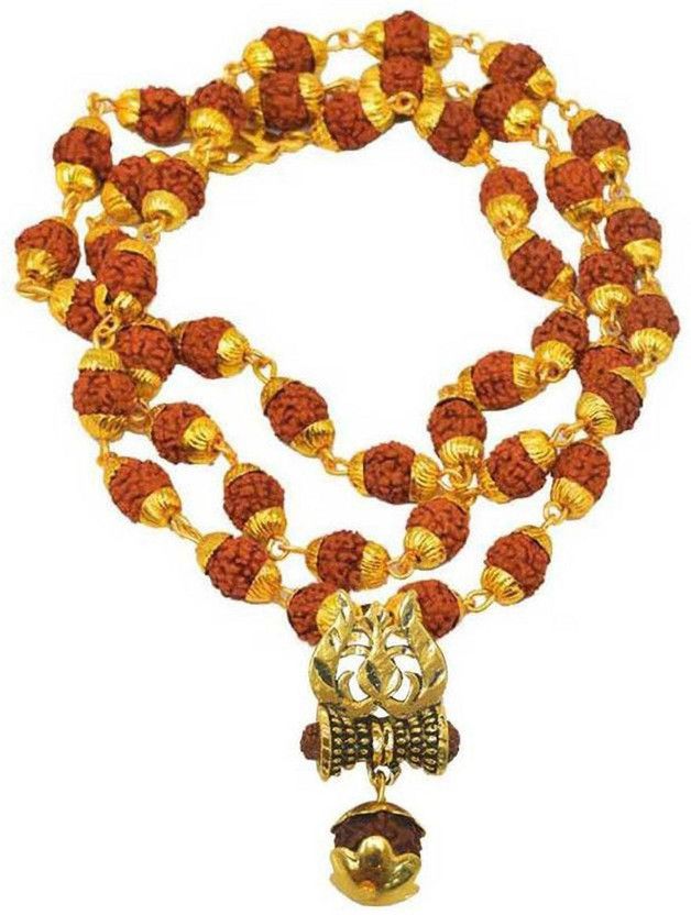 Pourni Lord Shiva Shankar Bolenath Trishula Damaru Locket With Puchmukhi Rudraksha Mala Gold-plated Beads Brass, Wood Pendant Set Gold-plated Brass Pendant Set