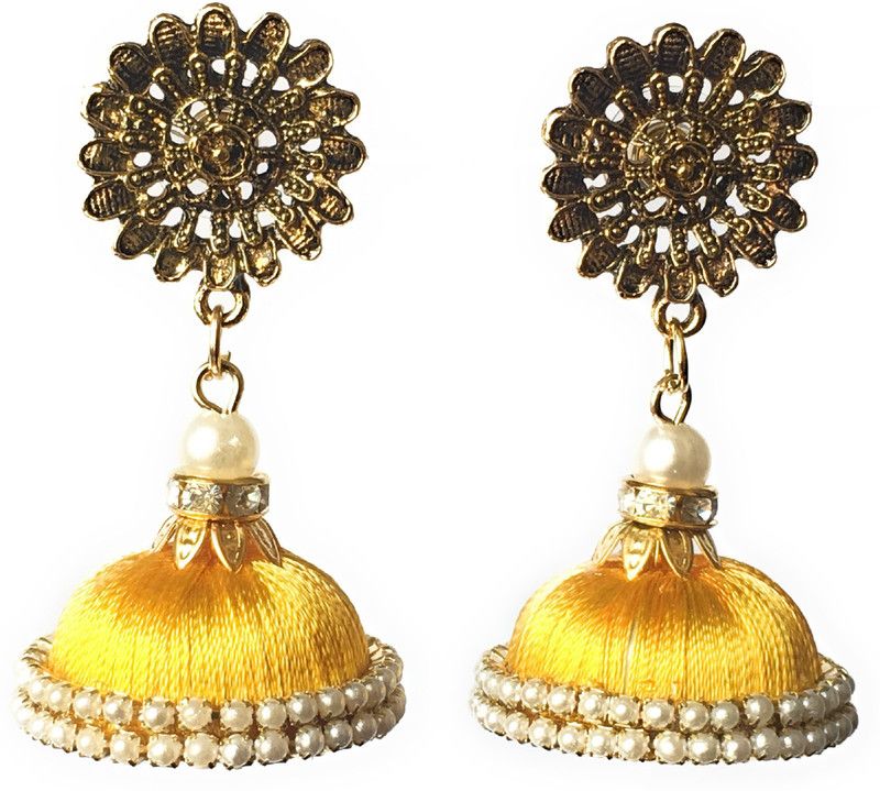 Pearl Chain Jhumki Earring With Oxidised Stud Fabric Jhumki Earring