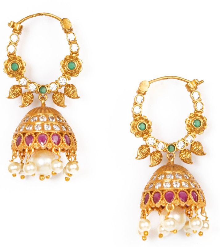 Matt Gold Toned Kempu Hoop Jhumka Earrings with Pearls for Women and Girls Ruby Brass Hoop Earring