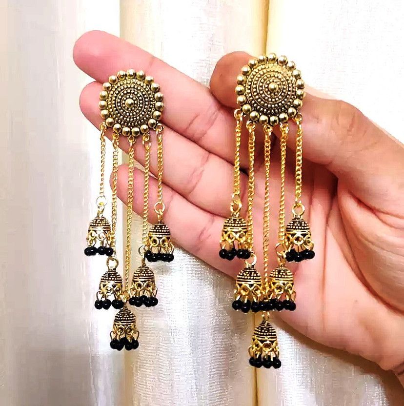 designer long jhumki earrings for women black jhumki for wedding golden earrings Pearl Alloy Jhumki Earring