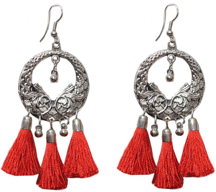 Antique Hollow Hoop With Red Tassels Alloy Tassel Earring