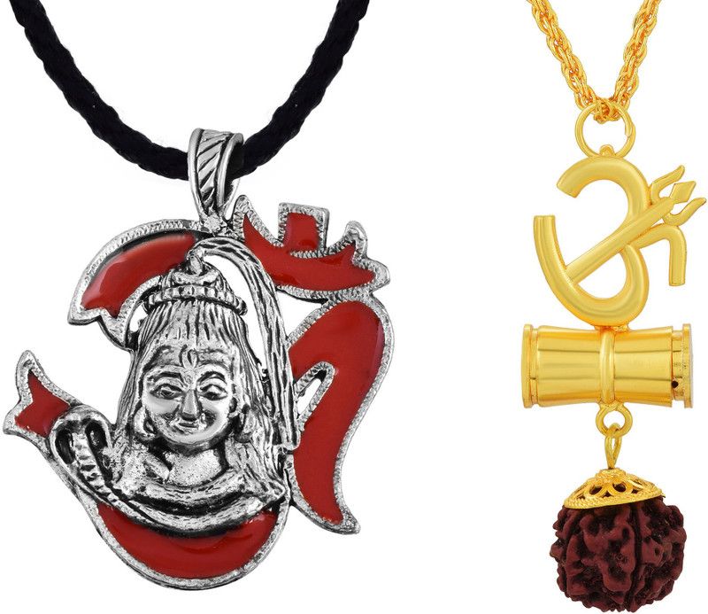 Gold Plated Brass, Lord Shiv Symbol in Tishul with Damru Rudraksha, Big Om, Bholenath, Mahakaal, Combo Pendant Locket for Men and Women Gold-plated Brass Pendant