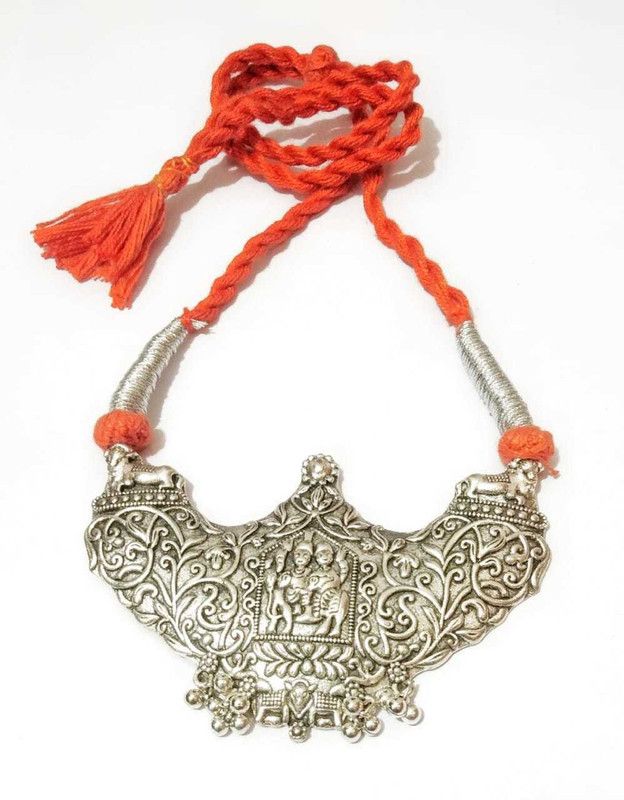Traditional Style Oxidized Flower Design Pendant woven in Orange collar thread Bold Tribal jewellery (Orange ,Silver) Metal Choker