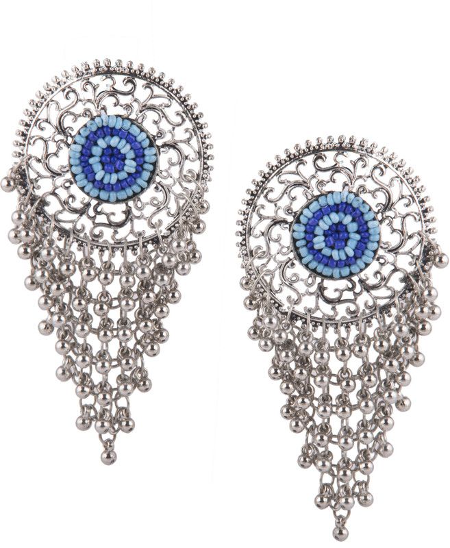 Oxidised Silver Earrings With Blue Beads Alloy Earring Metal Plug Earring
