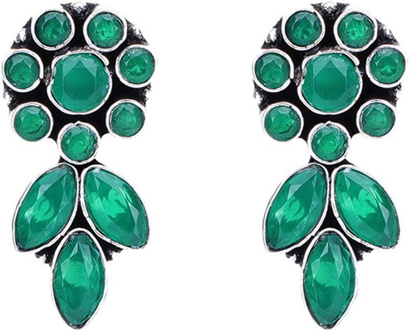 Ethnic German Silver Oxidised Green Flower and Leaf Design Traditional Drop Earrings for Women And Girls Alloy Drops & Danglers