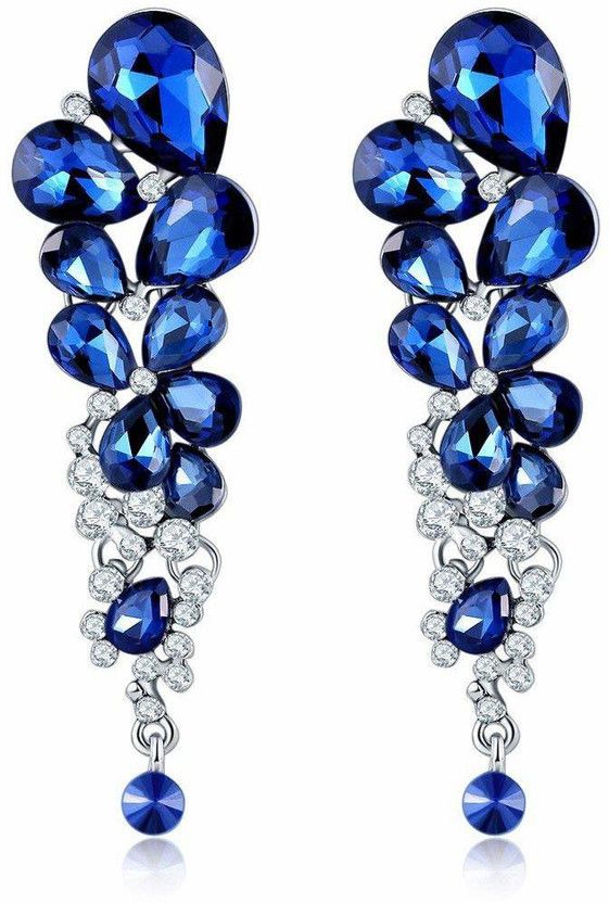 Elegent Sparkling Blue Colors Crystal Enthralling Pair Of Platinum Plated Stylish Drop Earrings For Women Crystal Alloy Drops & Danglers