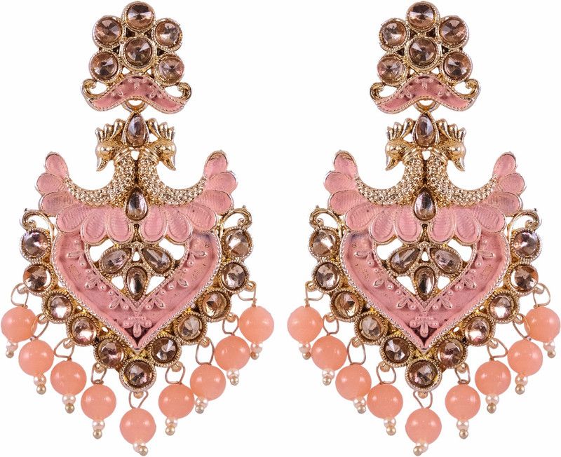 Gold-Plated Round Designs Peach Color Pearls Jhumka Earrings Alloy Jhumki Earring