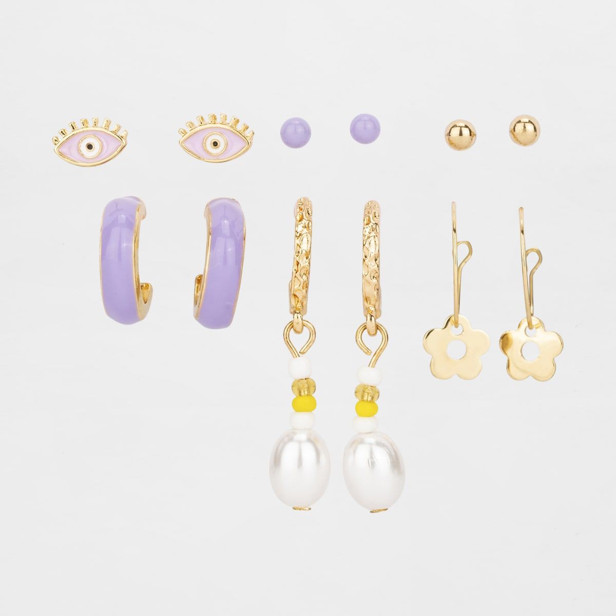 6 Pack Evil Eye Stud and Hoop Earrings - Purple and Gold Look