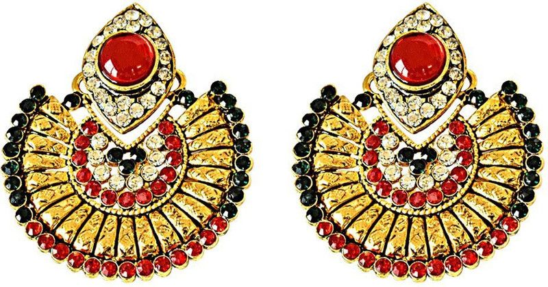 Drop Shaped Red, Green & White Coloured Stone & Gold Plated Ethnic Chandbali Earrings for Women Metal Drops & Danglers