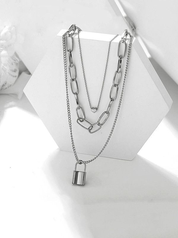 Fashion Multilayered Key Heart Locket Silver Plated Chain Choker Necklace Silver Plated Alloy Layered