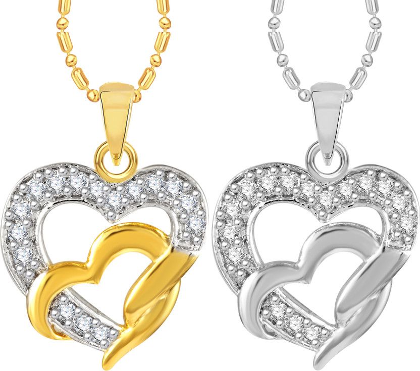 Heart Diamond Studded Pendant with Chain for women and Girls Gold-plated Cubic Zirconia Brass Pendant