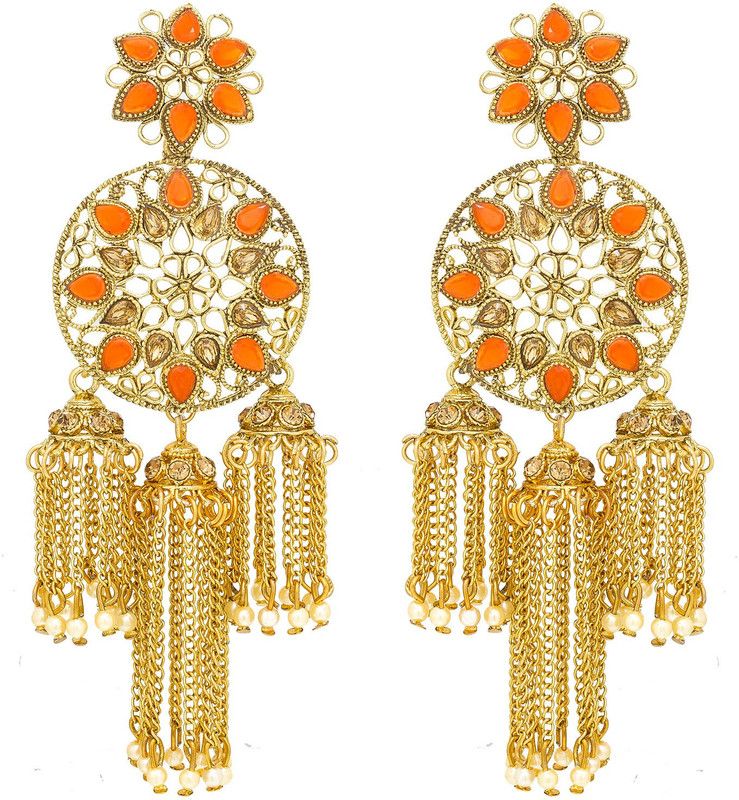 Classic Orange Diamond, Pearl Alloy Jhumki Earring