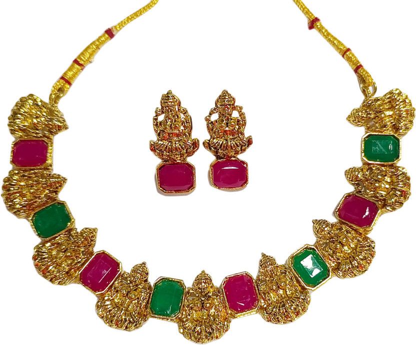 Metal, Plastic, Alloy Gold-plated Ruby Red, Green Jewel Set  (Pack of 1)