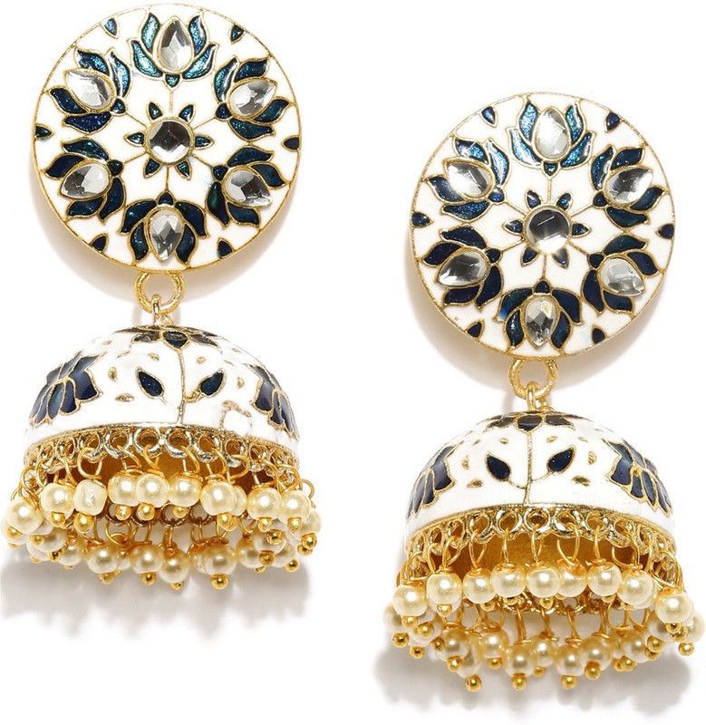 Kundan And Blue On White Enamel Alloy Jhumki Earring