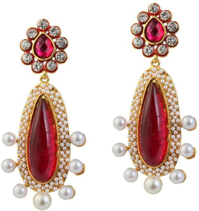 JewelMaze Red Austrian Stone Pearl Gold Plated Dangler Earrings - 1303795 Alloy Drops & Danglers