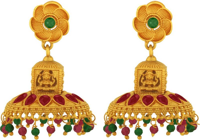 Floral Laxmi Brass Festive Wear Gold Plated Synthetic Stone & Bead Ruby Brass Jhumki Earring