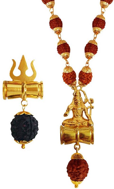 Shiv Rudraksha Gold chain With Trishul, Shiv Shakti Kavach Rudraksha Damru Pendant Combo Gold-plated Brass, Wood Pendant Set