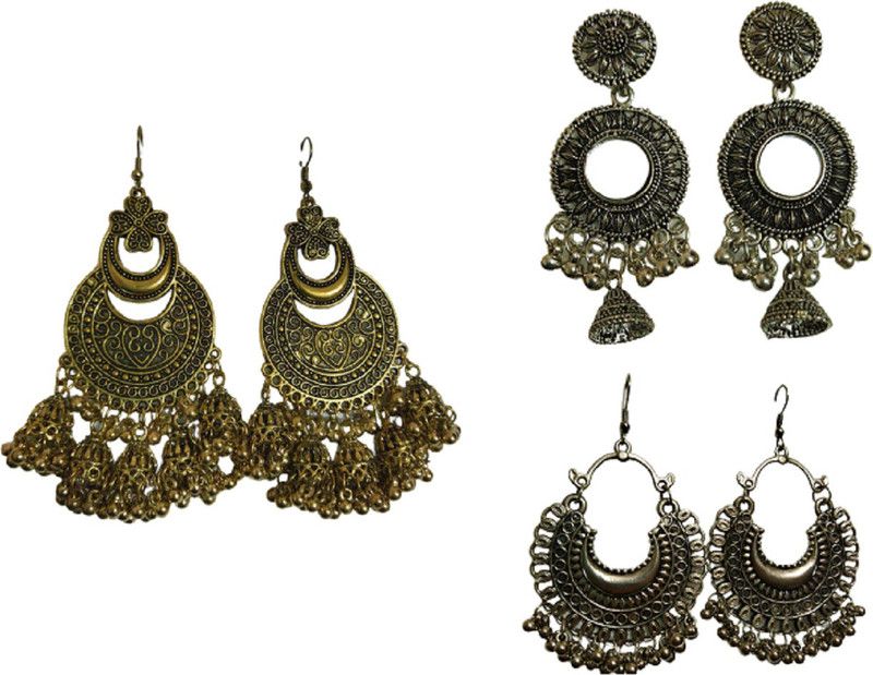 Combo Of Stylish Multi Jhumka Afgani Dangle in Golden Color, 1 Set Of Trendy Mirror Silver Jhumki And 1 Set Of Oxidised Silver Dangle For Girls And Women Brass Drops & Danglers, Jhumki Earring