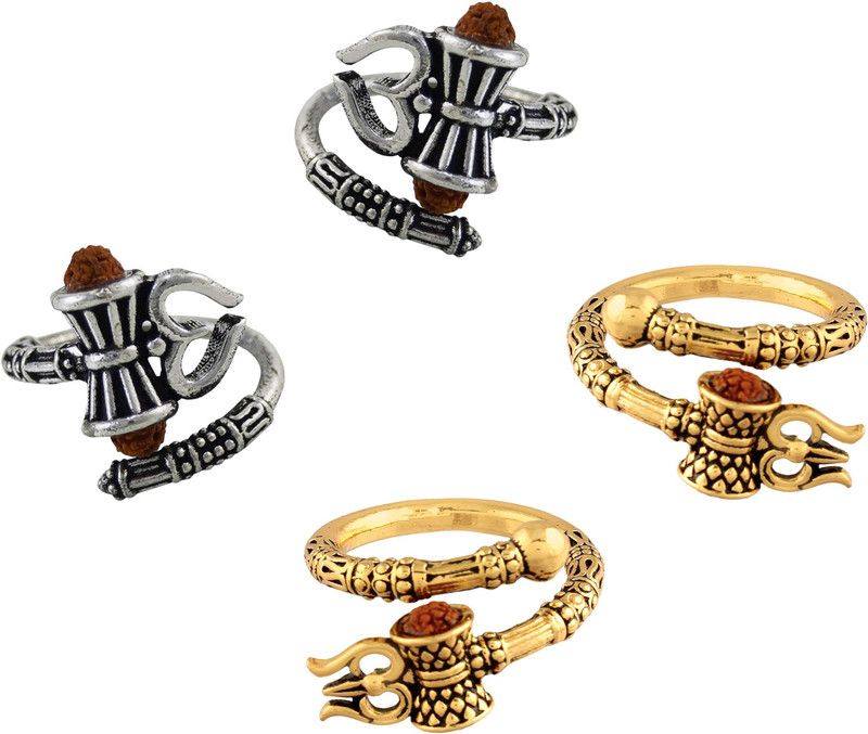 (Set Of 4 Pcs) Adjustable (Multicolor) Stylish Trending Rudraksha Oxidized Silver & Golden Plated Mahakal Shiva Trishul Damroo Designer Bahubali Cuff Finger Ring (Free Size) Stainless Steel Silver, Gold Plated Ring