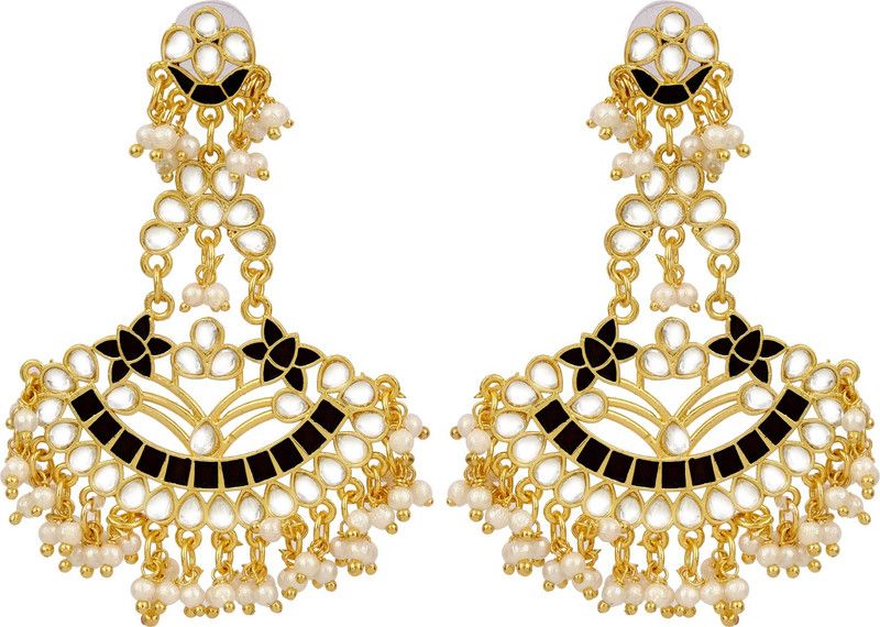Designer Studded Gold Plated Kundan Black Earrings With White Pearls Crystal Alloy Drops & Danglers