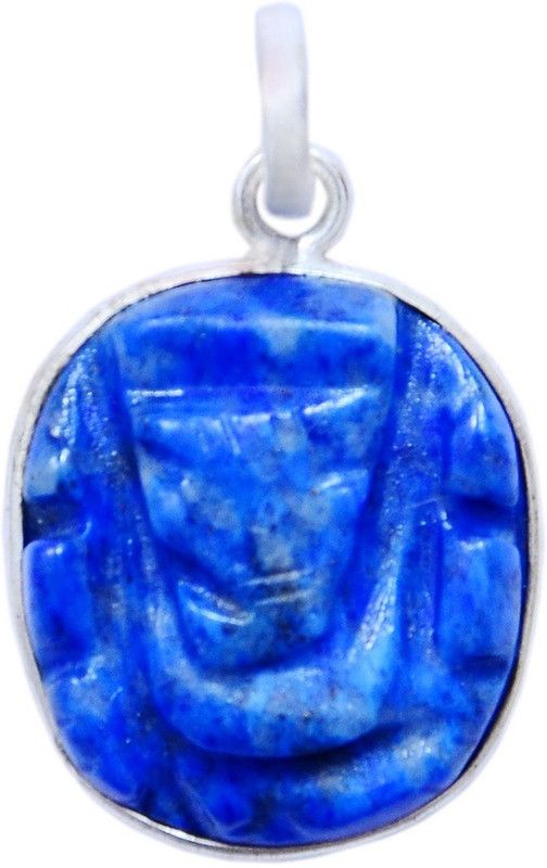 Lapis Lazuli Ganesha Pendant in white Metal 4.50 Grams Hand Carved Lapis Lazuli Stone Pendant