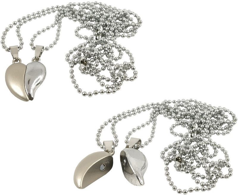 (Set Of 2 Pcs) Valentine's Day Special Metal Beige & Silver Stainless Steel I Love You Broken Magnetic Heart Love Romantic Couple 2 In 1 Beautiful Duo Locket Pendant Necklace With Chain For Boy's And Girl's Stainless Steel Pendant Set