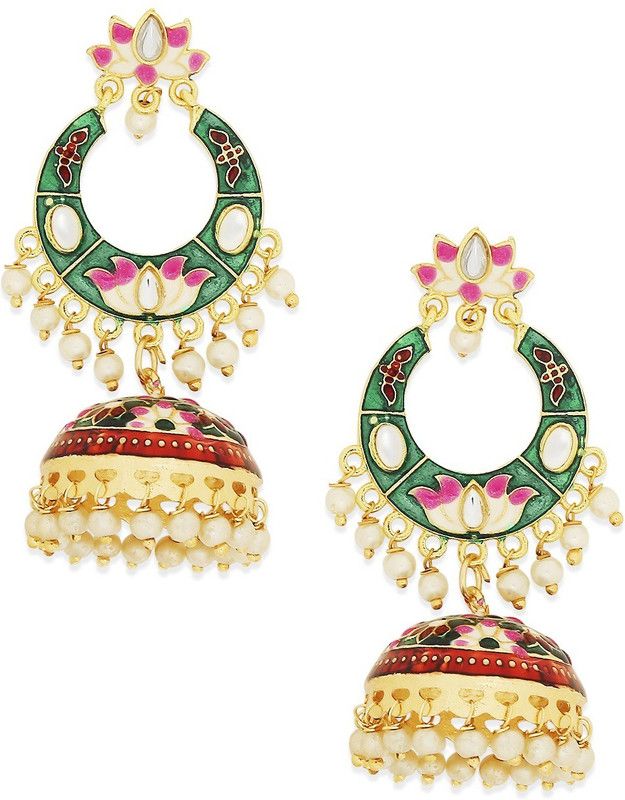 Red Maroon & Green Meenakari Enamel Floral Ethnic Beads, Crystal Metal Jhumki Earring