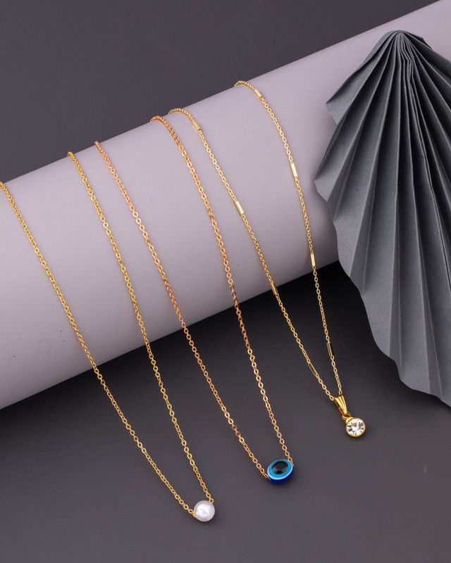 Evil Eye Delicate Shape Pendant Necklace Chain Combo Pack Of 3 For Women,Girls Diamond, Crystal Gold-plated Plated Alloy Necklace