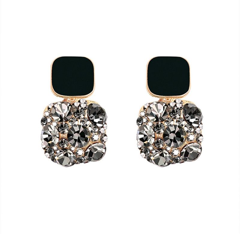Black Stone Studded Geometrical Shape Stud Drop Earrings Crystal Metal Drops & Danglers