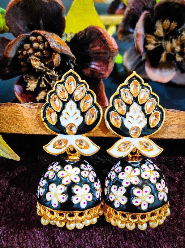 Antique Black colored Gold-Toned Pearl Bell shaped Meenakari for Women/Girls Beads, Crystal, Pearl Metal Jhumki Earring