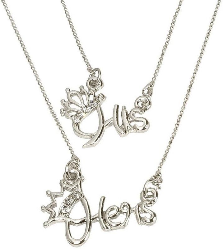 JAR0130 Fancy & Stylish Trending Valentine's Day Special Metal Stainless Steel Diamond Nug His And Her Crown Name Letter Romantic Love Couple 2 In 1 Locket Pendant Necklace With Chain For Boy's And Girl's Gift Set Silver Stainless Steel