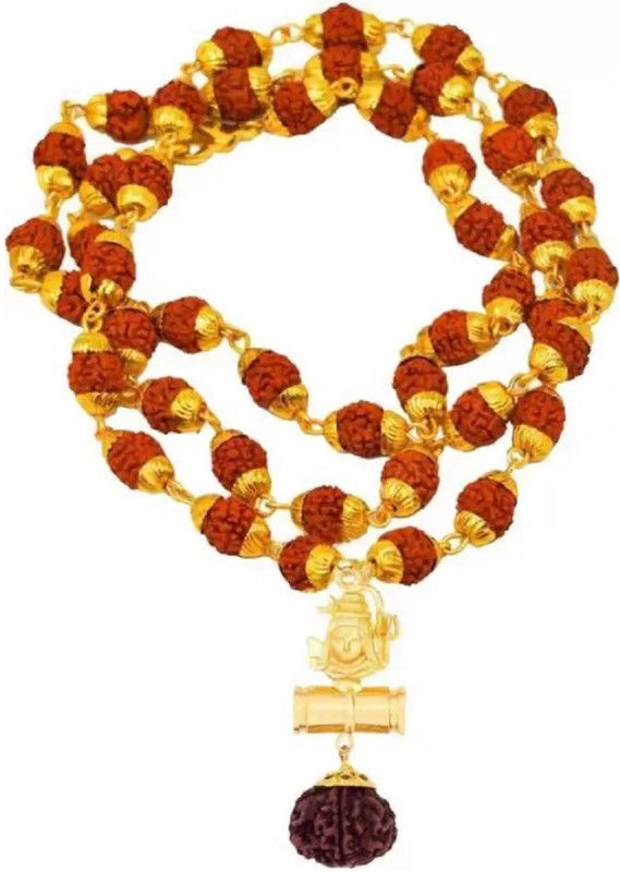 Vridaann 5 Mukhi Rudraksha Mala Golden Cap with Shiv Shakti Damru Gold-plated Plated Brass Chain