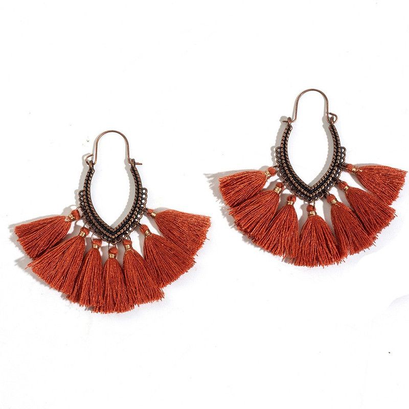 Handmade Tassel Fringe Accented Boho Hoop Marron Tassel Earrings Alloy Tassel Earring