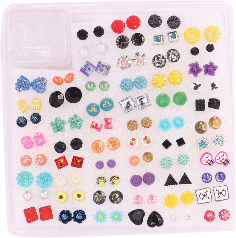 Earring Set Artificial Jewellery for Women Stud Earring for Girls & Birthday Gift for Kids Multi Colour & Multi Design ( Pack of 60 ) Zircon Plastic Stud Earring