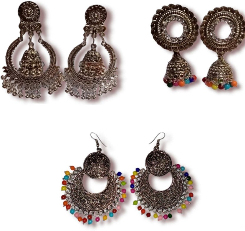 Pack of 3 German Oxidised Silver Traditional Jhumka Earrings Set for Girls German Silver Drops & Danglers