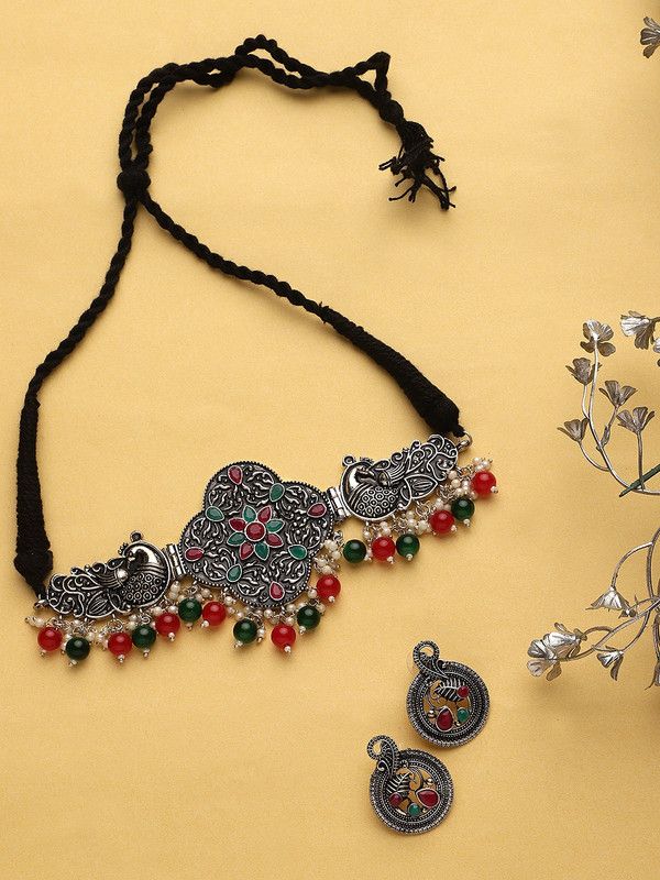 Oxidised Silver Jewel Set  (Red, Black)