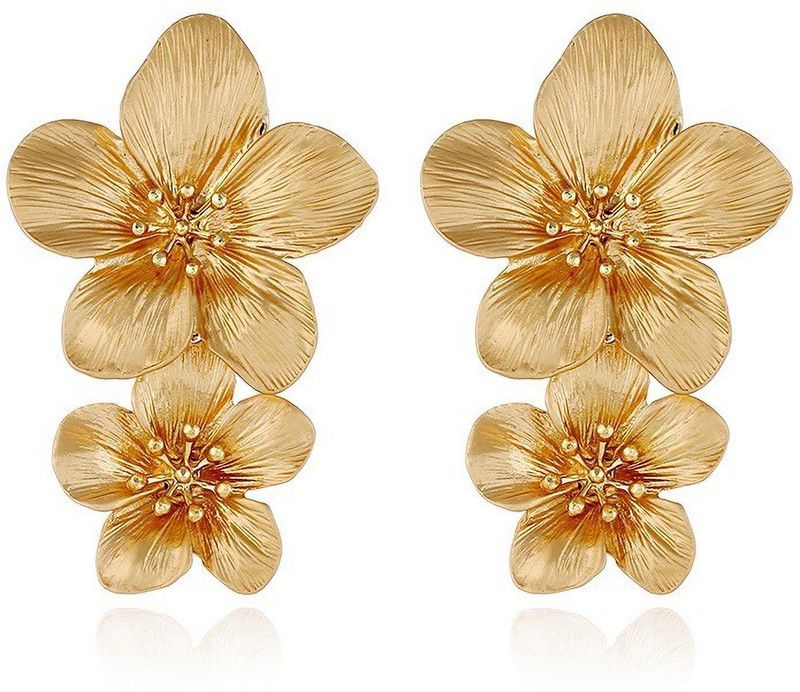 Hypoallergenic Metal Double Flower Shine Finish Metal Drops & Danglers
