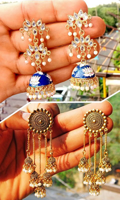 combo jhumki earrings for women blue color gold jhumki party wear kundan jhumki Alloy Jhumki Earring