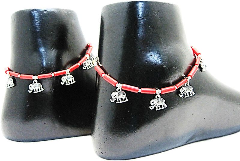 Muccasacra very elegant Hot Selling Pair of Red and Silver Elephant Alloy, Acrylic Anklet  (Pack of 2)