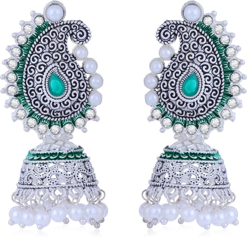 Sparkling Oxidised Paisley Mint Collection Pearl Pearl Alloy Jhumki Earring