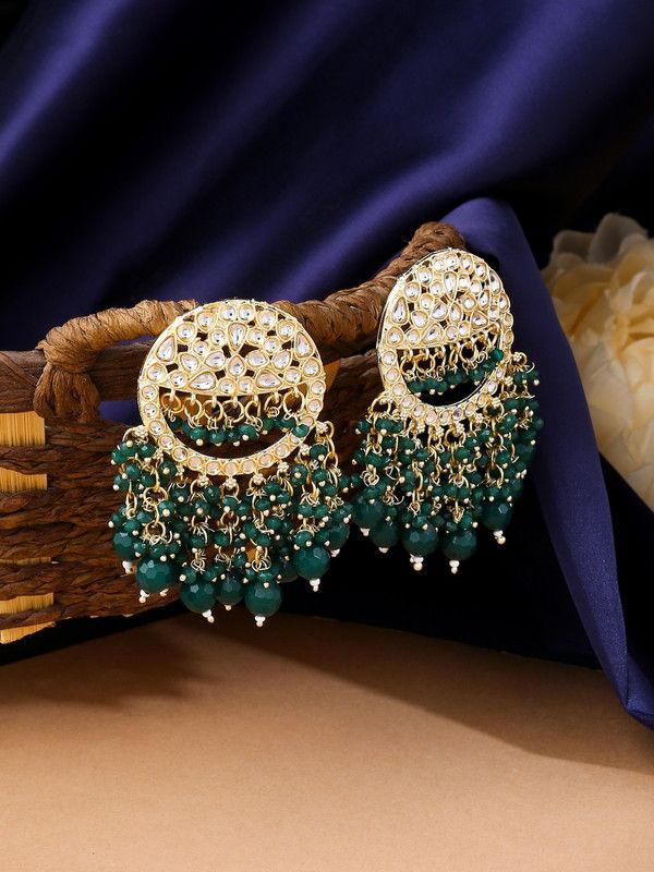 Gold-Plated Kundan Handcrafted Green Drop Earrings Brass Drops & Danglers