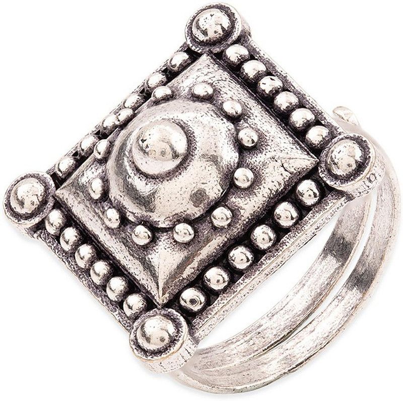Rava Ball Square Statement Ring Brass Silver Plated Ring