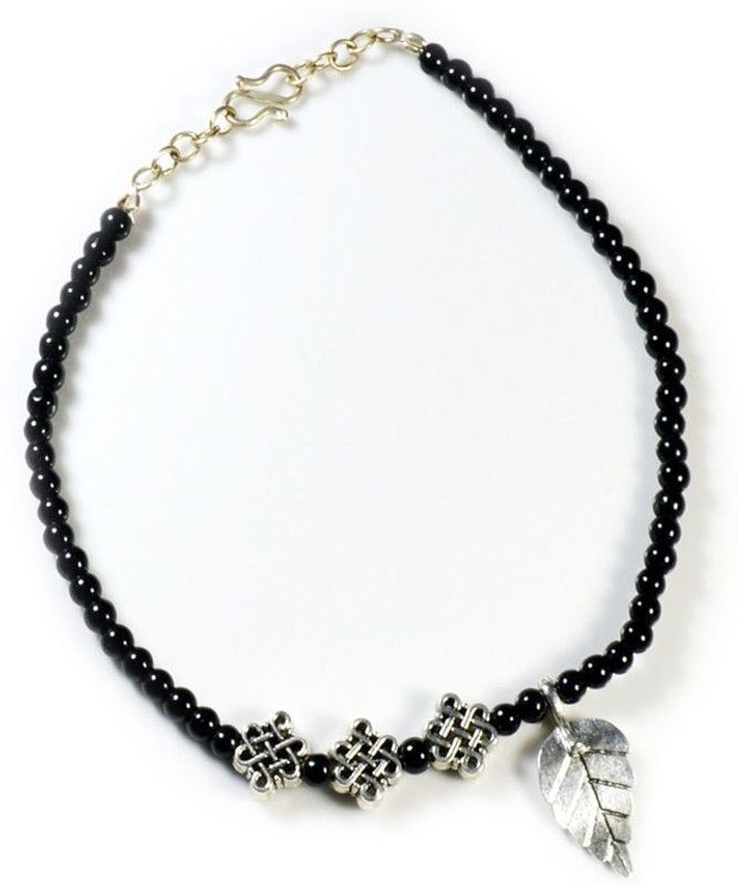 JewelryGift Adjustable Black Moti Anklet with Chain Oxidised Leaf with Silver Hanging Fashion Jewelry Fabric Anklet
